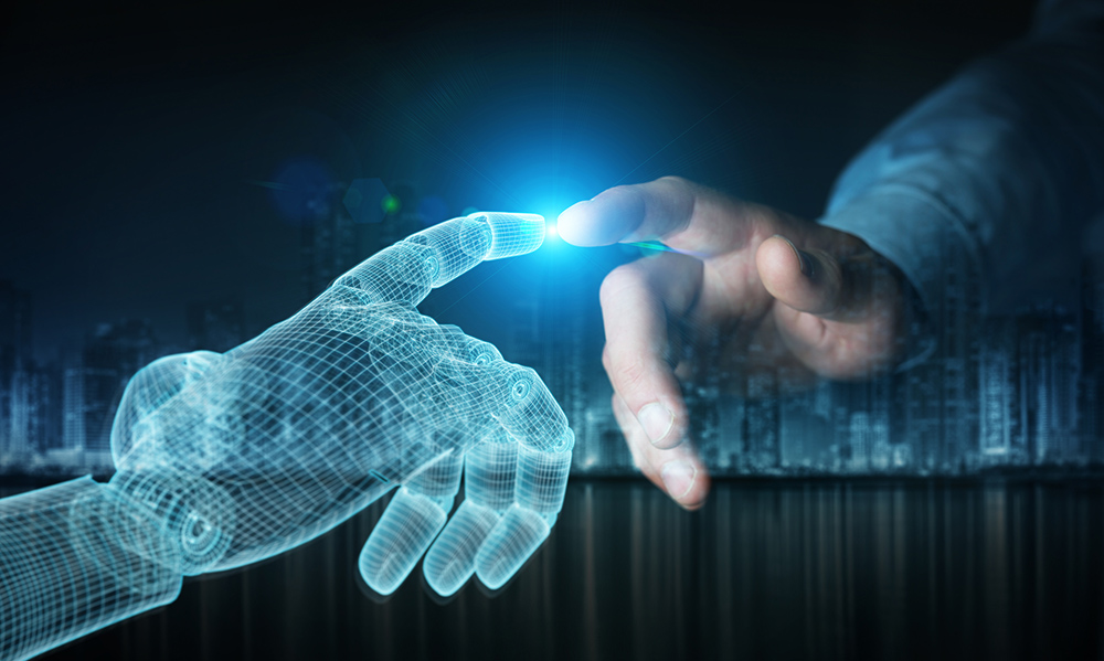 Human hand touches a blue digital hand (Dreamstime/Sdecoret)