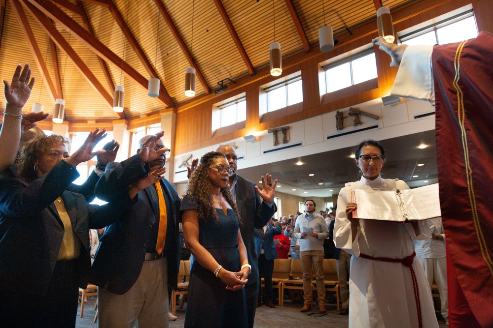 Shawna Cooper Whitehead is prayed over during a missionary rite at a Mass of the Holy Spirit Sept. 17, 2026, the afternoon before her inauguration as the 29th president of Regis University in Denver. (OSV News/Courtesy of Regis University)
