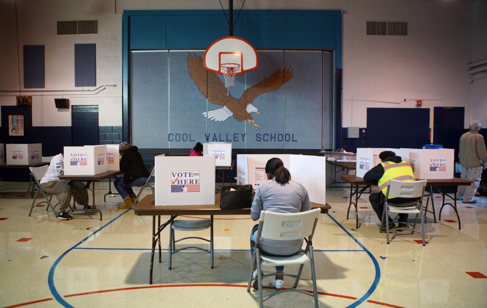A file photo shows voters marking their ballots at a Ferguson, Mo., polling station on Election Day. (OSV News/Reuters/Lawrence Bryant)