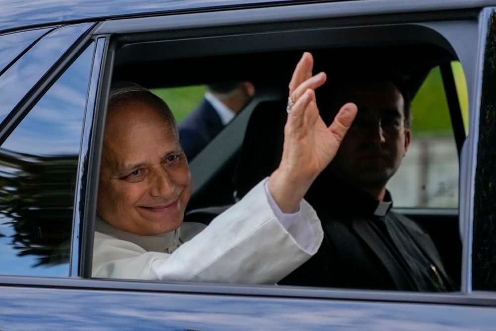 Pope Leo XIV leaves Rome's Gemelli hospital Oct. 17, 2026, four days after surgery to remove lung cancer. (AP/Gregorio Borgia)