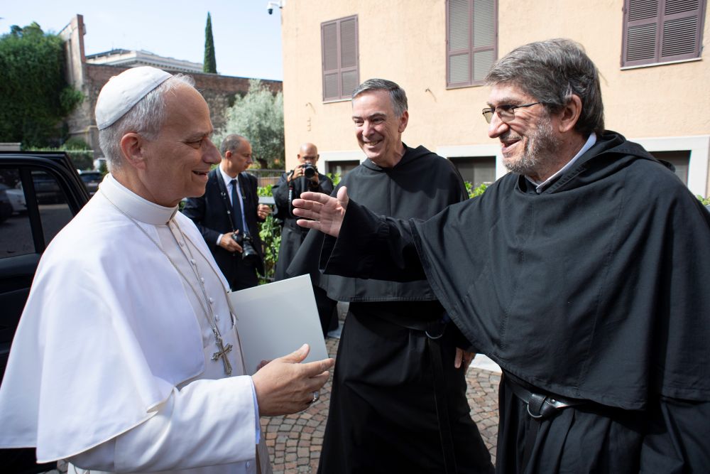 Pope Leo XIV greets Augustinian Fr. Alejandro Moral Antón, who served as prior general of the order 2013 to 2025, during a visit Sept. 15, 2025, to the Augustinianum Patristic Institute in Rome to meet with members of the Augustinian general chapter. (CNS/Vatican Media)