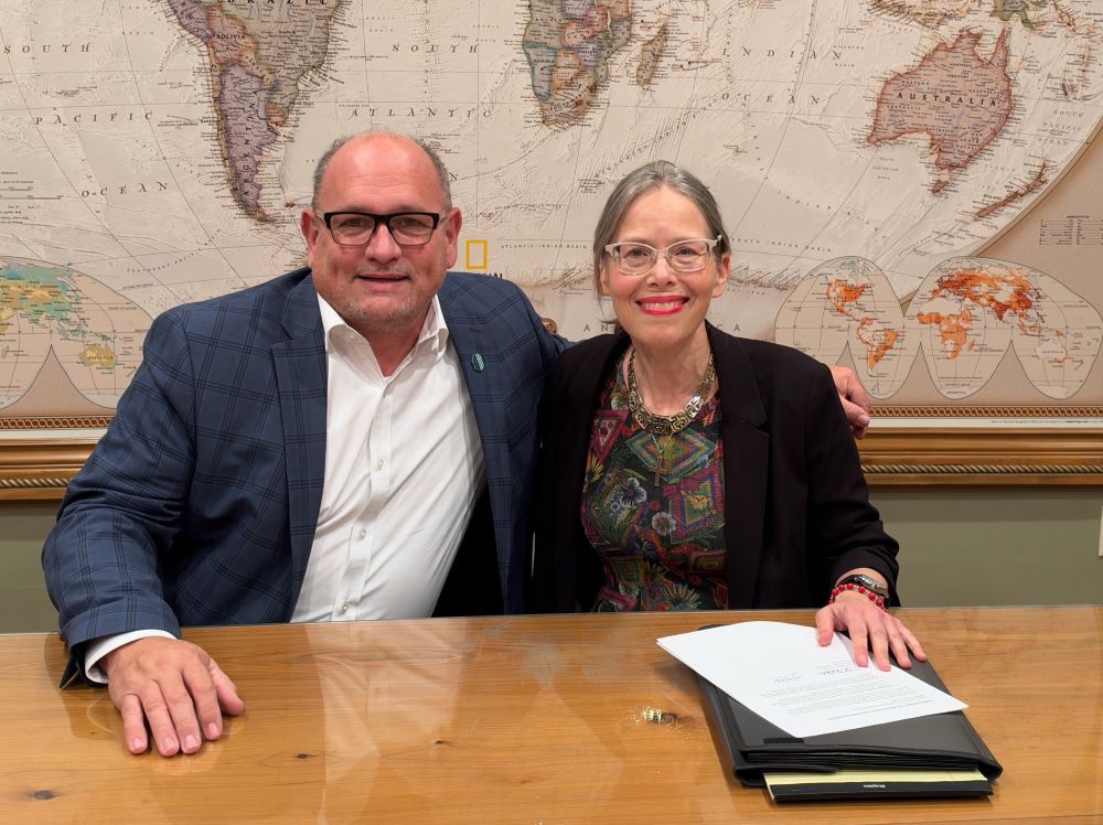 Scott Peyton and his pro bono canon lawyer Dawn Eden Goldstein pose before the Oct. 16 meeting with Lafayette, Lai., Bishop J. Douglas Deshotel. (Courtesy of Dawn Eden Goldstein) 