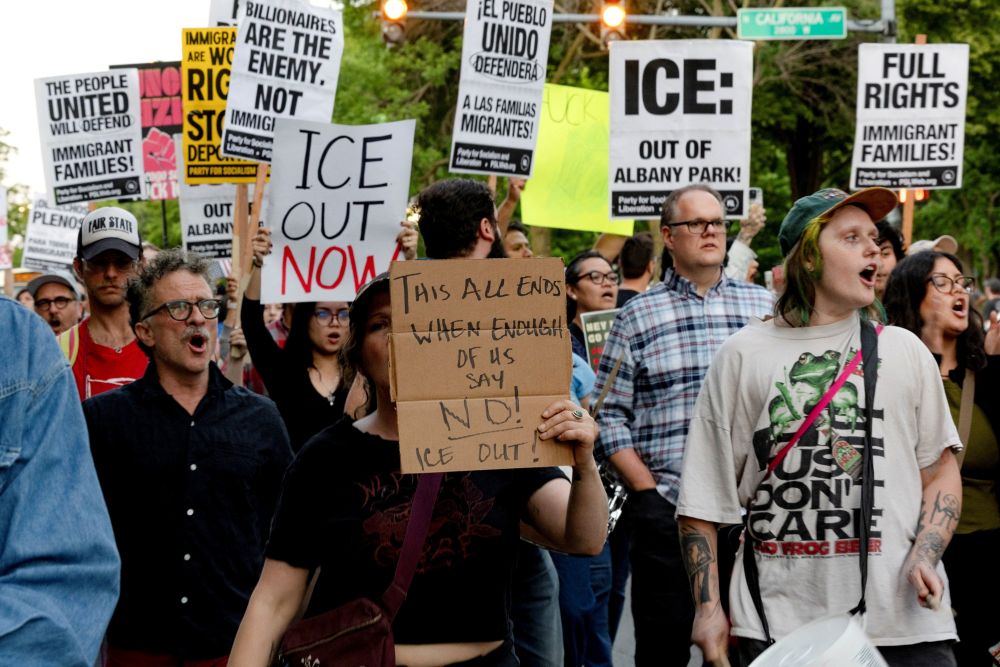 Demonstrators opposed to U.S. Immigration and Customs Enforcement, or ICE, march through the streets during a protest in the Albany Park neighborhood of Chicago June 3, 2026, against immigration enforcement operations by federal agents. (OSV News/Reuters/Jim Vondruska)