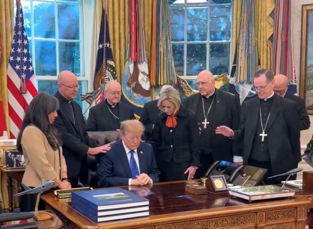 Denver Archbishop James Golka and a group of U.S. bishops pray over President Donald Trump in the Oval Office of the White House in Washington in a video posted on X Oct. 22, 2026, by the administration's communications staff. (OSV News screenshot/@MargoMartin47 on X)