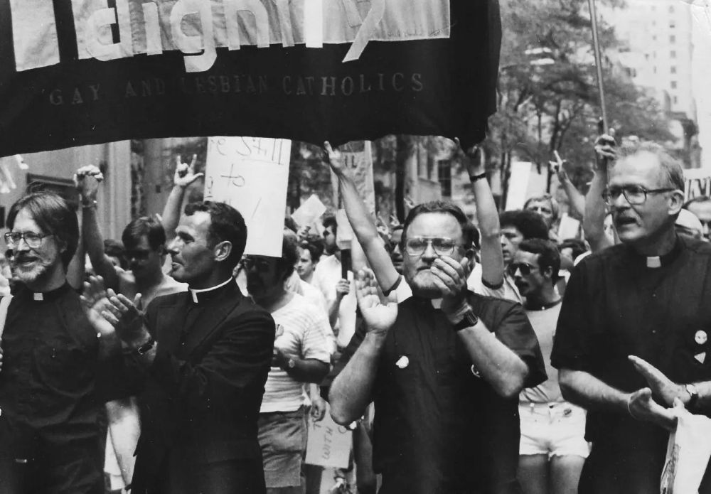 Fr. John McNeill, second from right, marches with Dignity in the gay pride parade in New York City on June 27, 1982. (Courtesy of Charles Chiarelli)