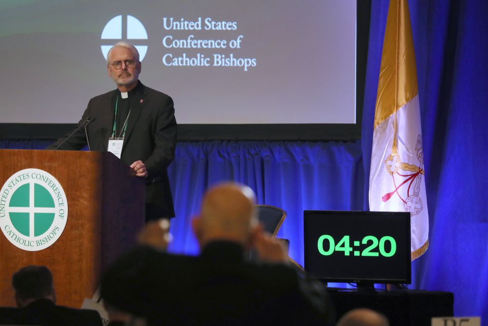 Archbishop Paul Coakley of Oklahoma City, now president of the U.S. Conference of Catholic Bishops, speaks during a Nov. 12, 2024, session of the fall general assembly of the USCCB in Baltimore. The bishops meet Nov. 16-19 in Baltimore. (OSV News/Bob Roller)