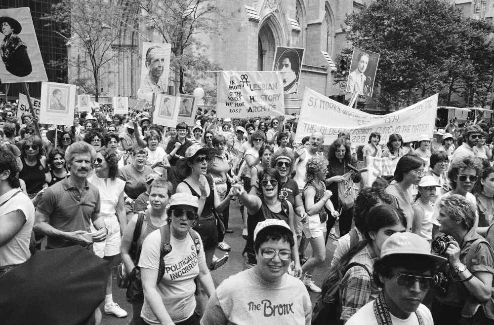 Participants in the 14th annual Lesbian and Gay Pride parade in New York City march in front of St. Patrick's Cathedral, June 26, 1983. (AP/Mario Cabrera)