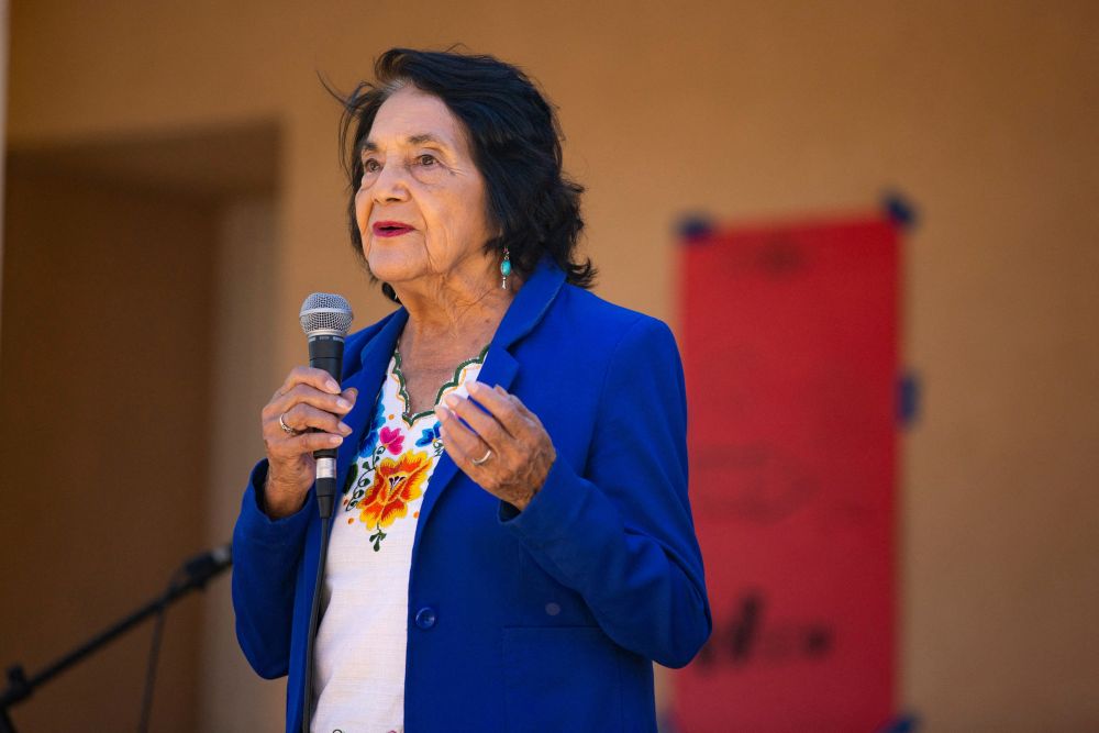 Dolores Huerta, the renowned American labor leader and civil rights activist who co-founded the United Farm Workers union, speaks to students at La Academia Dolores Huerta in Las Cruces, N.M., Oct. 16, 2023. Huerta died Oct. 28, 2026, at 96. (OSV News/USA TODAY NETWORK via Reuters/Sun-News/Meg Potter)