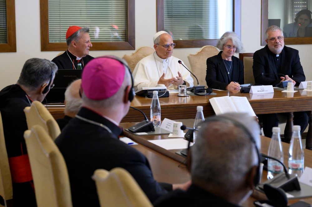 Pope Leo XIV speaks with leaders of the "continental bodies" representing Latin America, Africa, Asia, Europe, Oceania, the Middle East and North America, together with the coordinators of the continental synodal teams, during a private meeting at the Vatican June 25, 2026. (CNS/Vatican Media)