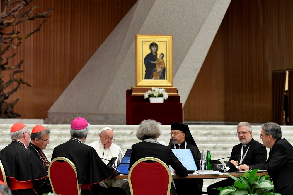Pope Francis speaks to members of the Synod of Bishops on synodality after they approved their final document Oct. 26, 2024, in the Paul VI Audience Hall at the Vatican. (CNS/Vatican Media)