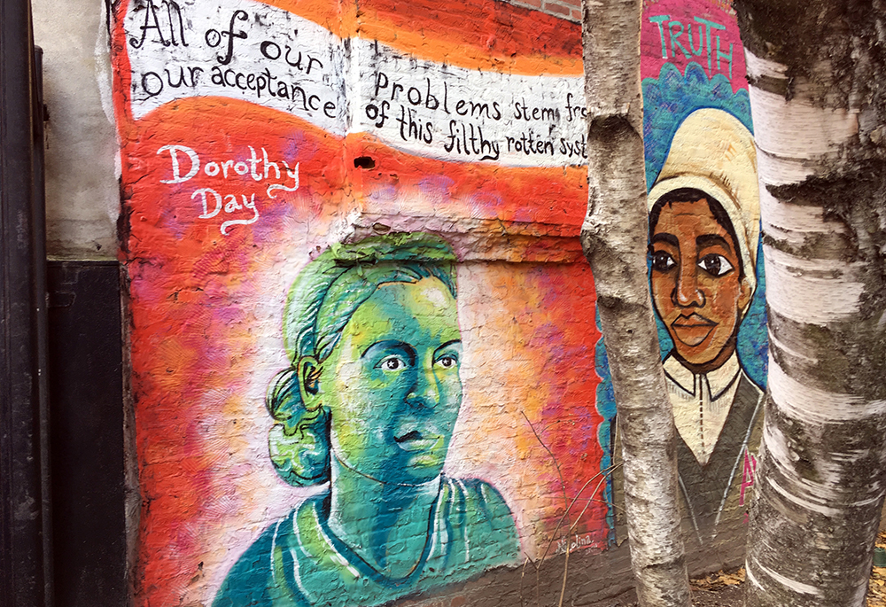A mural depicting social activist and sainthood candidate Dorothy Day is seen in a park near the Church of the Nativity in New York City in this Dec. 4, 2018, photo. (CNS/Gregory A. Shemitz)