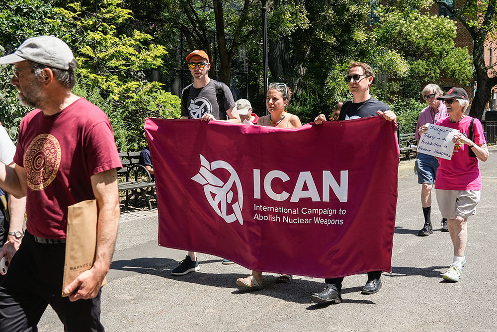 Members of the International Campaign to Abolish Nuclear Weapons participate in a procession during a vigil in New York City Aug. 9, 2025, marking the 80th anniversary of the 1945 atomic bombings of Hiroshima and Nagasaki, Japan. (OSV News/Gregory A. Shemitz)