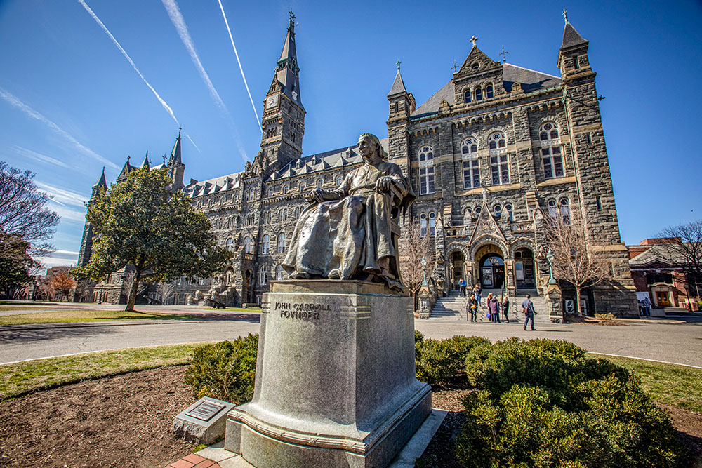 A statue of Baltimore Archbishop John Carroll, the first Catholic bishop in the United States and founder of Georgetown University, is seen on the Jesuit-run school's Washington campus March 3, 2022. (OSV News/Chaz Muth)