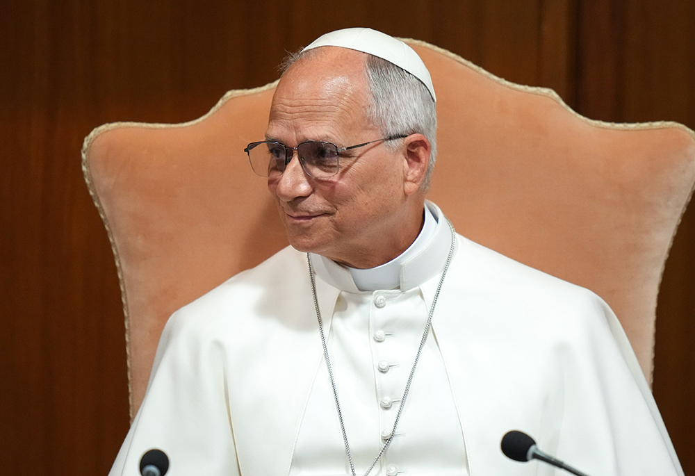 Pope Leo XIV attends a presentation of his encyclical "Magnifica Humanitas: On Safeguarding the Human Person in the Time of Artificial Intelligence" at the Synod Hall at the Vatican May 25, 2026. (CNS photo/Lola Gomez)