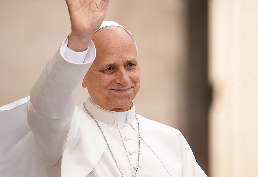 Pope Leo XIV smiles and waves from the popemobile while riding around St. Peter’s Square at the Vatican before his weekly general audience Oct. 28, 2026. (CNS/Lola Gomez)
