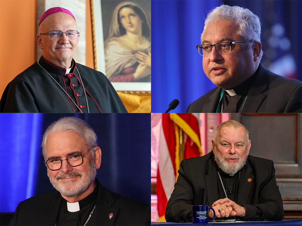 Clockwise from top left: Archbishop Edward Weisenburger of Detroit (CNS/Lola Gomez); Bishop Daniel Garcia of Austin, Texas (OSV News/Bob Roller); Archbishop Thomas Wenski of Miami (OSV News/Courtesy of Georgetown University/Rafael Suanes); Archbishop Paul Coakley of Oklahoma City (OSV News/Bob Roller)