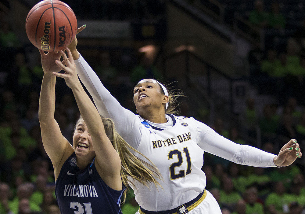 Villanova's Adrianna Hahn (31) competes for a rebound with Notre Dame's Kristina Nelson (21) during a second-round game in the NCAA women's college basketball tournament Sunday, March 18, 2018, in South Bend, Indiana. (AP photo/Robert Franklin)