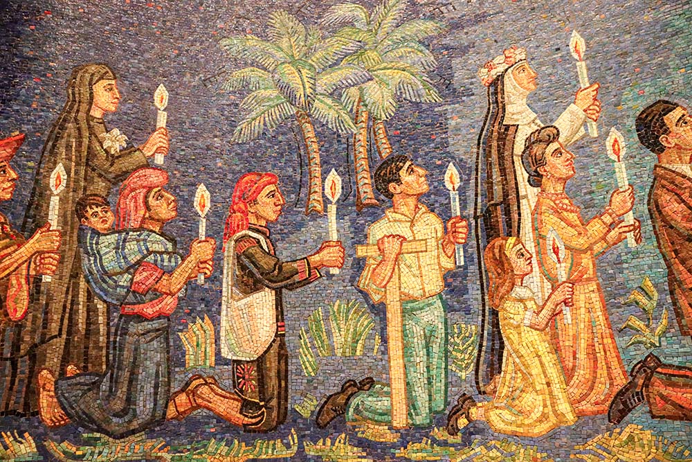 A procession of the faithful is depicted in mosaic in Our Lady of Guadalupe Chapel at the Basilica of the National Shrine of the Immaculate Conception, Washington, D.C. (Teresa Malcolm)
