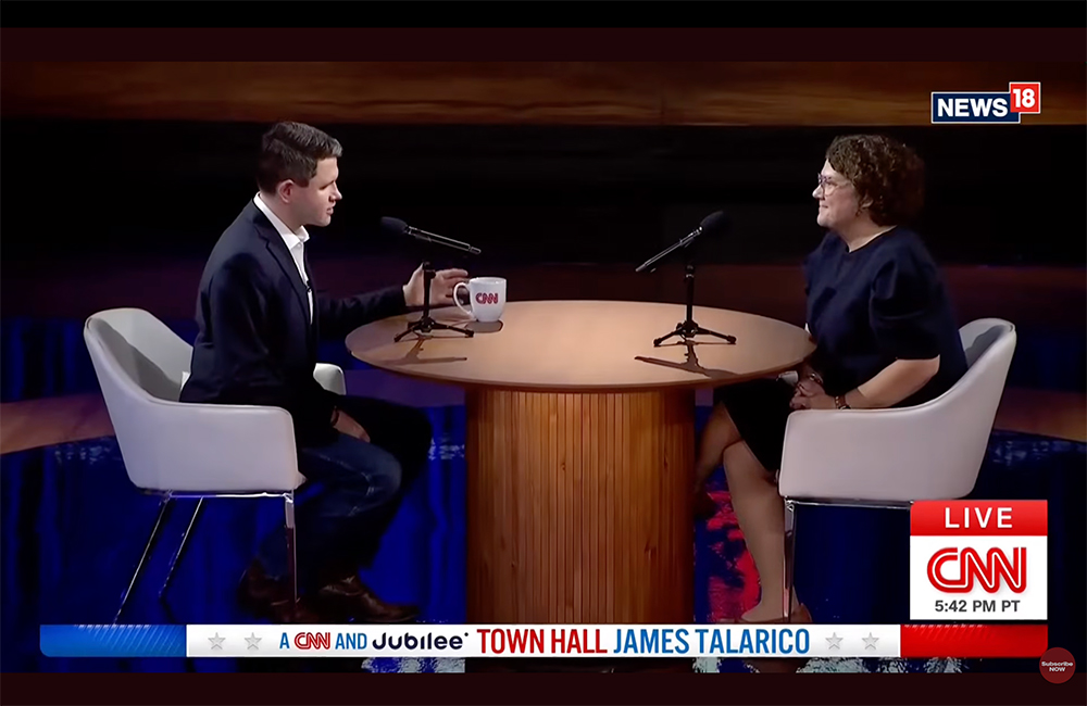 James Talarico and Jodi Hunt talk about abortion during a town hall hosted by CNN and Jubilee Media Oct. 14, 2026. (NCR screenshot/YouTube/CNN-News18)