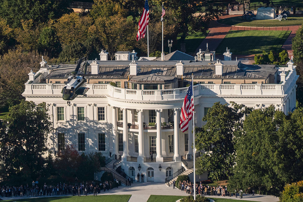 Marine One, carrying President Donald Trump, lifts off from the South Lawn at the White House Oct. 22, 2026, in Washington. (AP/Manuel Balce Ceneta)