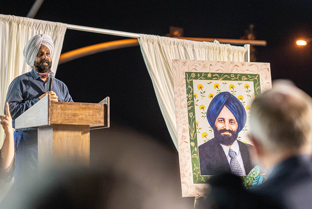 Rana Singh Sodhi speaks during the 20th anniversary memorial for his brother Balbir, Sept. 15 in Mesa, Arizona. Balbir Singh Sodhi was murdered in a hate crime killing days after the attacks on Sept. 11, 2001. (Lee Media, Courtesy the Sikh Coalition)