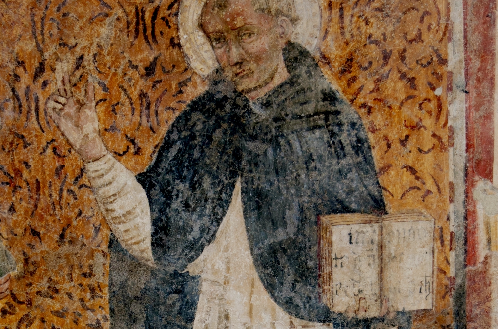St. Thomas Aquinas, depicted in a 15th-century Italian fresco: "Aquinas did not begin with abstract principles or values, but rather began 'from the ground up,' generalizing from what he observed." (Wikimedia Commons/Silvio sorcini)