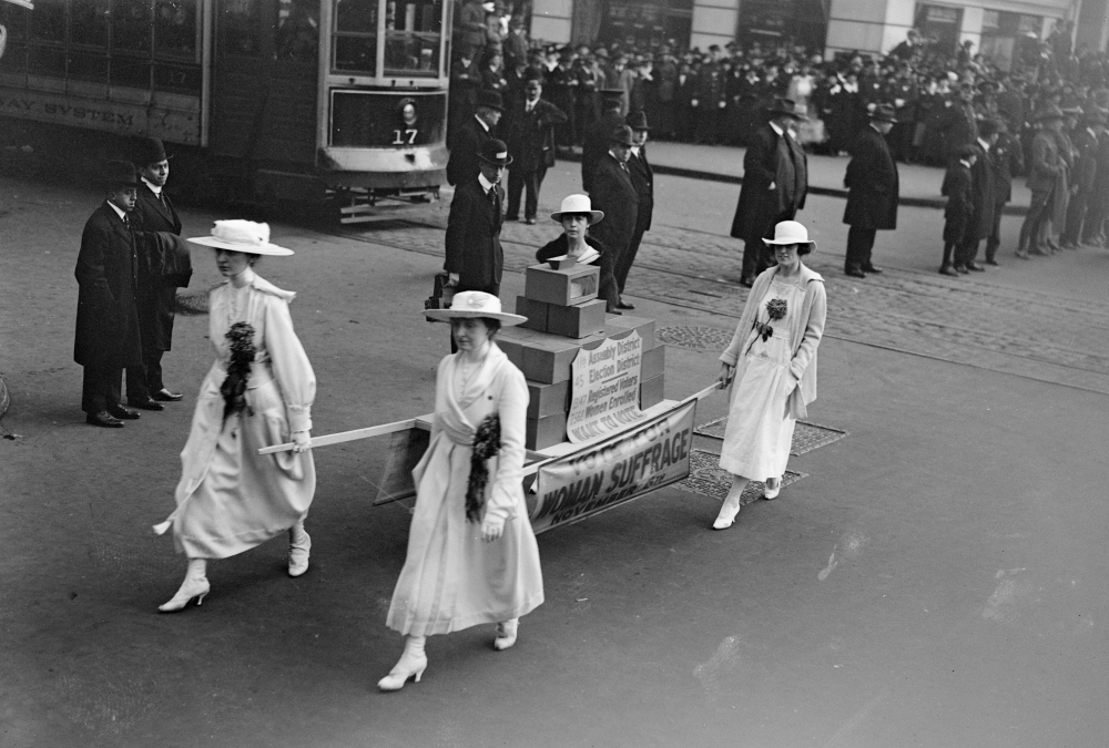 Women carry a ballot box in a women's suffrage parade in New York City, Oct. 27, 1917. (Library of Congress/George Grantham Bain Collection)
