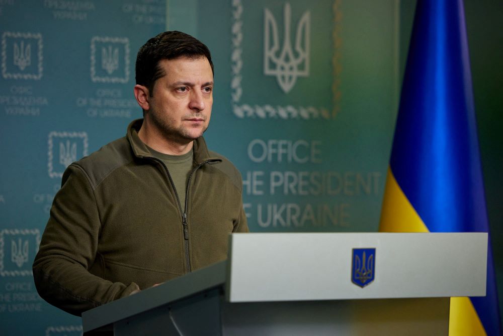Ukrainian President Volodymyr Zelensky makes a statement in Kyiv Feb. 25,a day after Russia launched a massive military operation against Ukraine. (CNS photo/Reuters/Ukrainian Presidential Press Service)