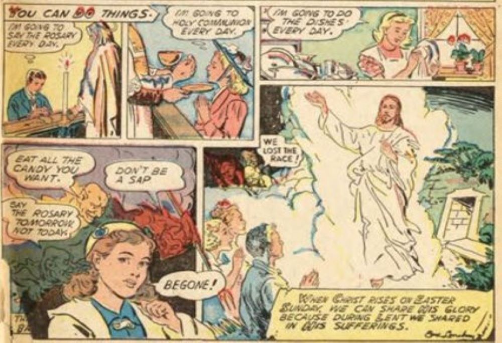 The comic book "Treasure Chest of Fun & Fact," published 1946-1972, focused on Catholic doctrine and American patriotism. Above are two panels from "God's Gift is Lent," in the first issue. (Courtesy of Catholic University of America)