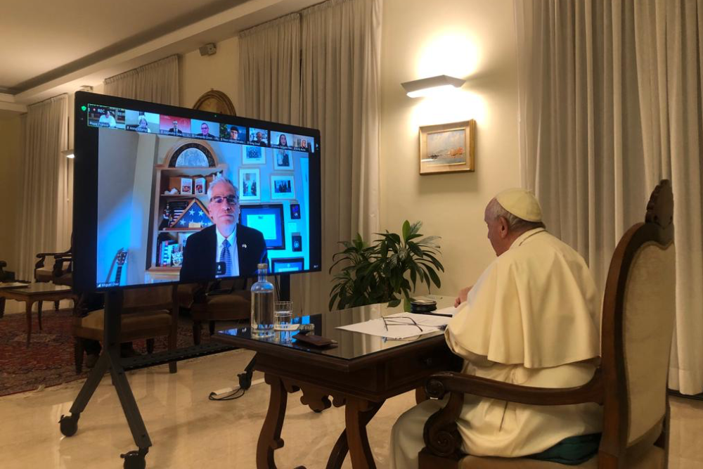 Pope Francis meets with students from North, Central and South America, as well as the Caribbean, during a Feb. 24 virtual dialogue as part of the Synod of Bishops on synodality. (Vatican Media)