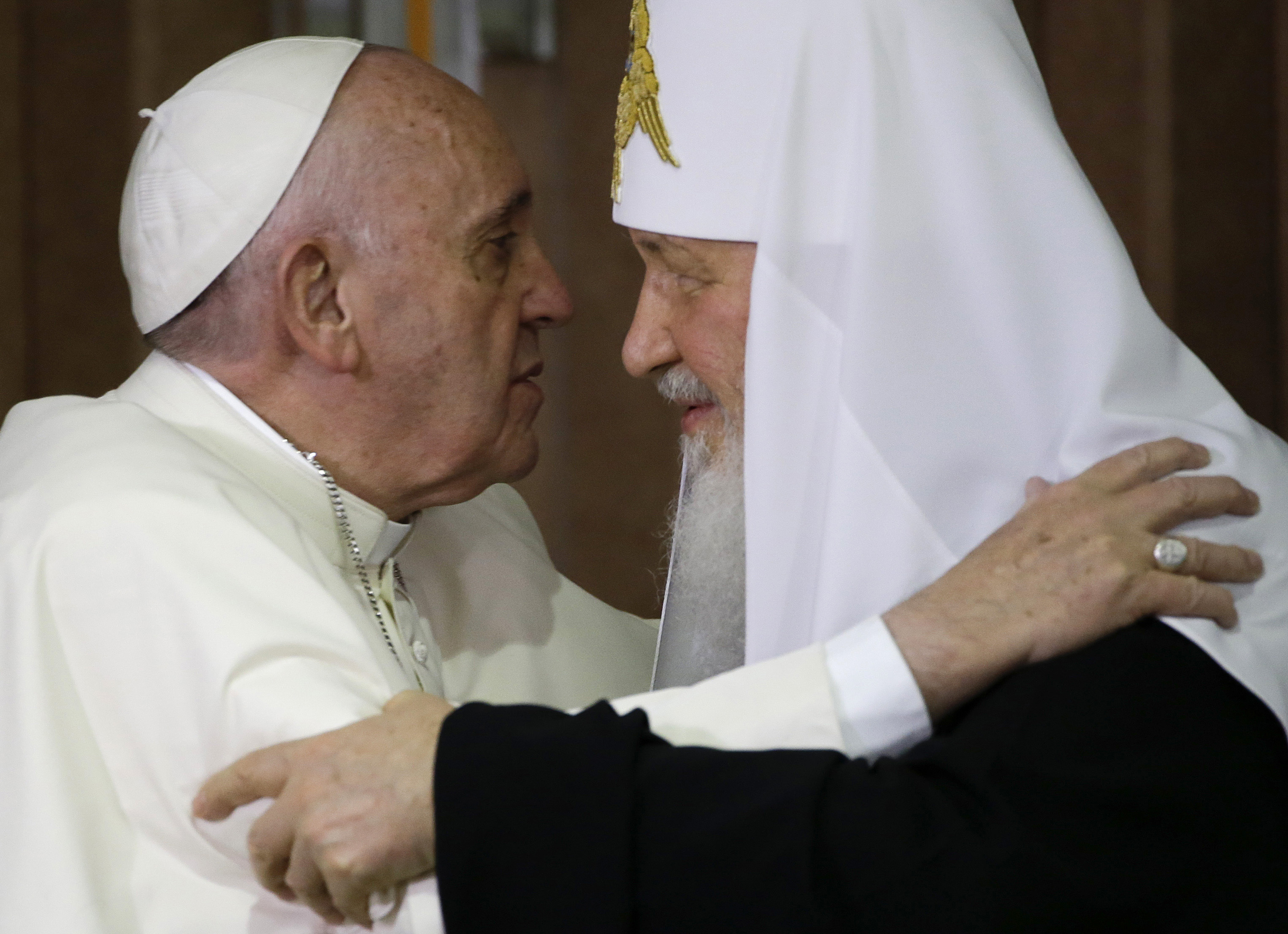 Pope Francis, left, embraces Russian Orthodox Patriarch Kirill, head of the Russian Orthodox Church, after signing a joint declaration on religious unity in Havana, Cuba on Feb. 12, 2016. (AP/Gregorio Borgia)