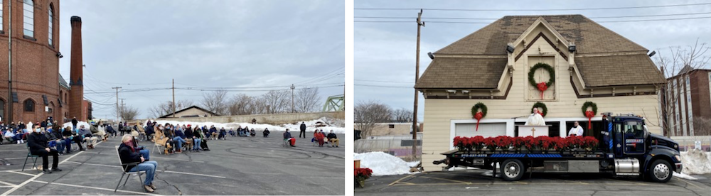 Left: People gather, some in chairs they brought, for Mass outdoors at St. Patrick Church in Lawrence, Massachusetts; right: Parish priests set up a makeshift altar on a tow truck to lead the community in eucharistic worship.