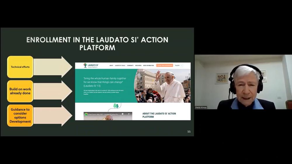 Franciscan Sr. Sheila Kinsey speaks during a March 18 webinar updating religious orders and congregations about the Vatican' Laudato Si' Action Platform. (NCR screenshot)