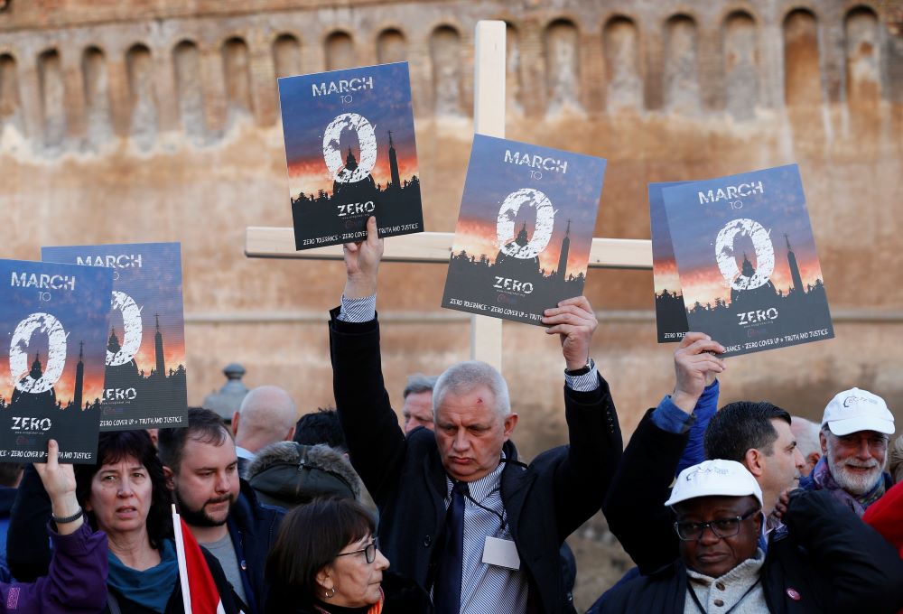 Clerical sex abuse survivors and their supporters rally outside Castel Sant'Angelo in Rome in this Feb. 21, 2019, file photo. (CNS/Paul Haring)