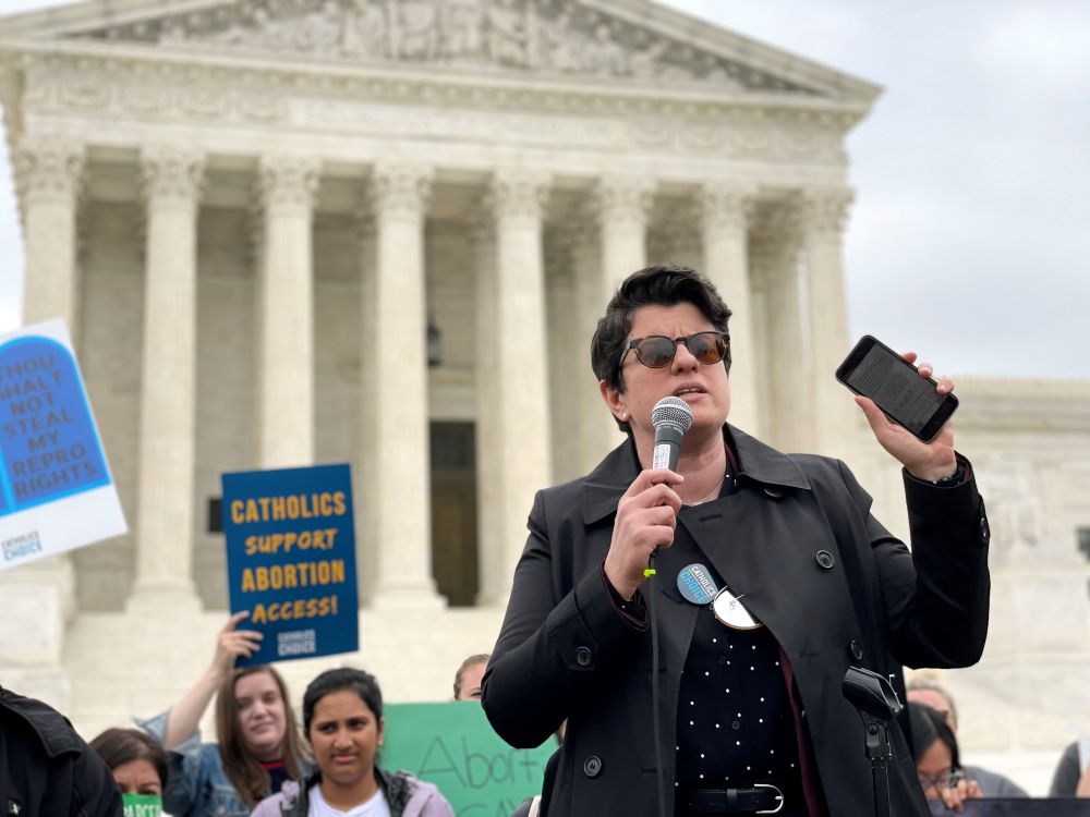 Jamie Manson, president of Catholics for Choice, speaks during demonstrations in front of the U.S. Supreme Court on May 3 in Washington, D.C. (RNS/Jack Jenkins)