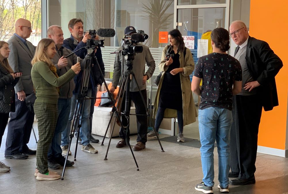 New York Cardinal Timothy M. Dolan meets with students at the Ukrainian Catholic University May 2. The students have formed a welcome center for displaced people.(CNS/Michael la Civita, courtesy CNEWA)