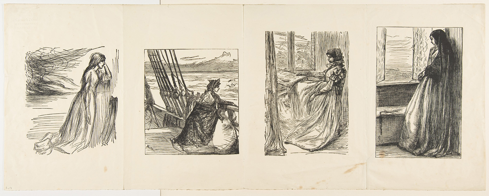 "The Relief Fund in Lancashire, The Major's Daughter, The Morning Before the Massacre of St. Bartholomew, and The Nun in 'Count Burkhardt' (Once a Week)," 1862 engraving after James McNeill Whistler (Courtesy of National Gallery of Art)