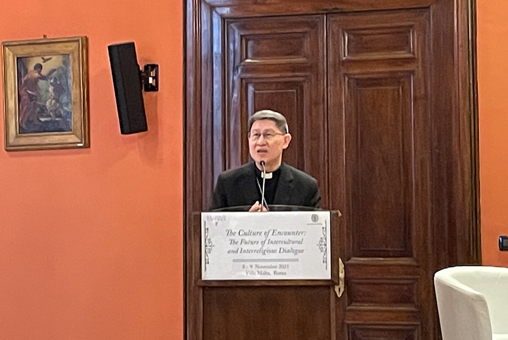 Cardinal Luis Antonio Tagle speaks on "Fratelli Tutti" Nov. 9 during the two-day conference on Pope Francis' encyclical. (Courtesy of La Civiltà Cattolica and Georgetown University) Cardinal Luis Antonio Tagle speaks on "Fratelli Tutti" Nov. 9 during the two-day conference on Pope Francis' encyclical. (Courtesy of La Civiltà Cattolica and Georgetown University)