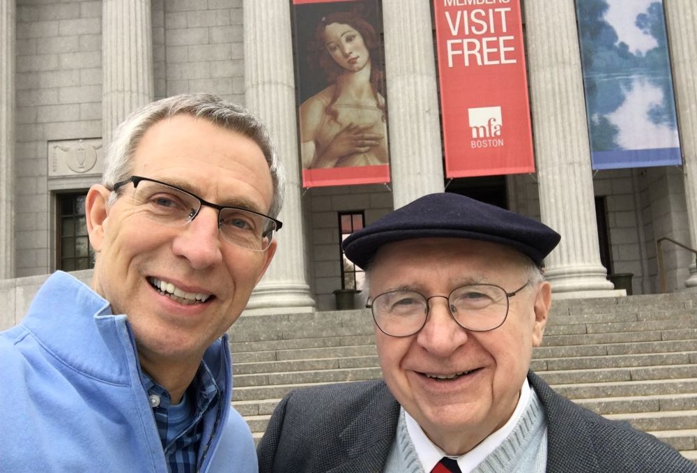Fr. Michael Himes and Steve Miller stand outside the Boston Museum of Fine Arts in 2017. Himes, who taught at Boston College from 1993 to 2021 and previously taught at the University of Notre Dame, died June 10 at age 75. (NCR photo/Steve Miller)