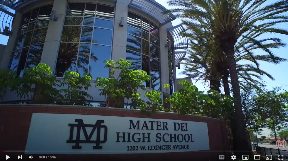 The front of Mater Dei High School in Santa Ana, California, is seen in a virtual tour of the school.(NCR screengrab/YouTube/Mater Dei High School)