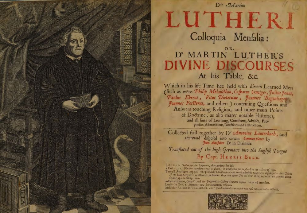 A portion of the frontispiece of the first English translation of Martin Luther's "Table Talk," edited by Captain Henry Bell and published in London in 1652.(Wikimedia Commons/Internet Archive)