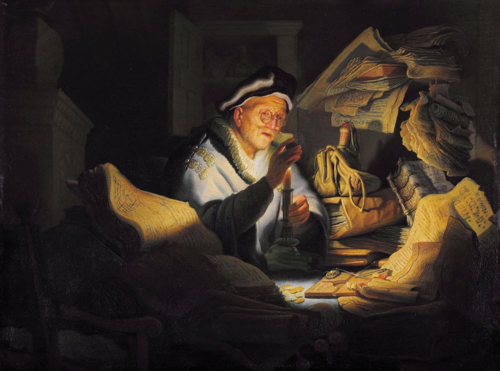 Some scholars wrongly title this Rembrandt painting "The Parable of the Rich Fool," based on Luke 12:16-20. It is "The Money Changer" (Der Geldwechsler). (Wikimedia Commons/The University of Leipzig)