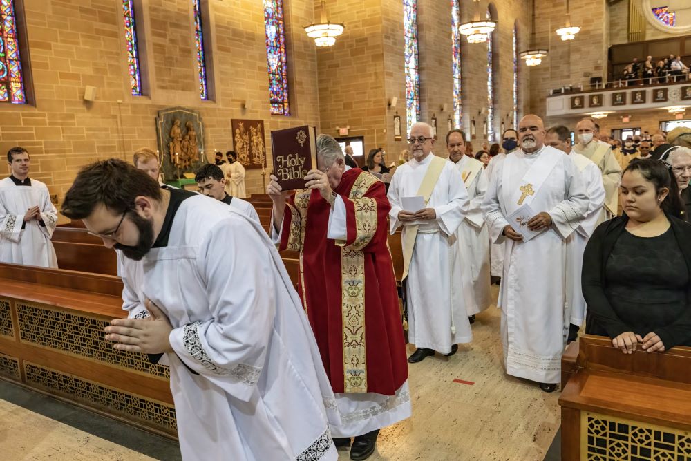 The congregation looks on during the procession of Mass in St. Mary of the Assumption Cathedral in Trenton, N.J., Oct. 17, 2021, as Trenton Bishop David M. O'Connell officially began the local process for his diocese's participation in preparations for th