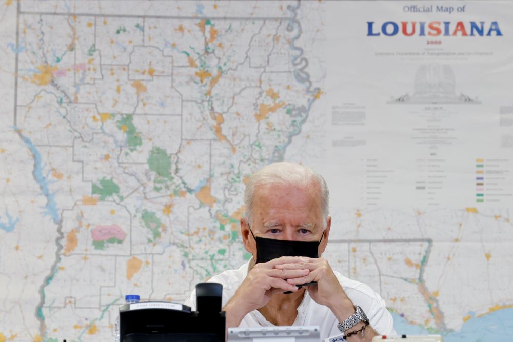 President Joe Biden looks on at the St. John Parish's Emergency Operations Center in LaPlace, La., Sept. 3 as he receives a briefing on the impacts of Hurricane Ida. (CNS/Reuters/Jonathan Ernst)