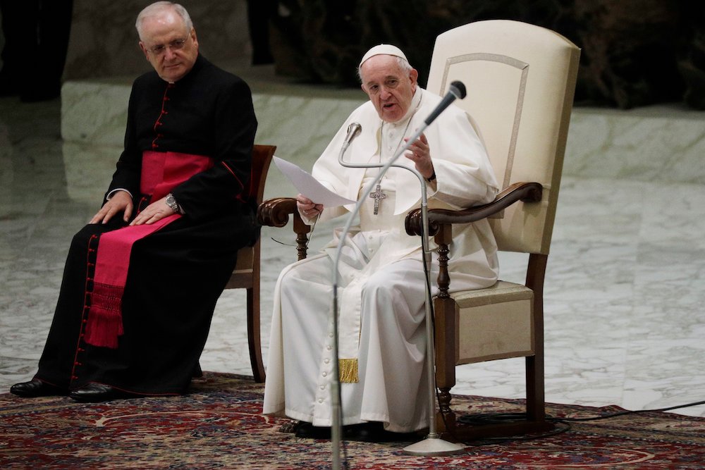 Pope Francis delivers his message on the occasion of the weekly general audience in the Paul VI hall at the Vatican Oct. 21. (AP/Gregorio Borgia) Pope Francis delivers his message on the occasion of the weekly general audience in the Paul VI hall at the Vatican Oct. 21. (AP/Gregorio Borgia)