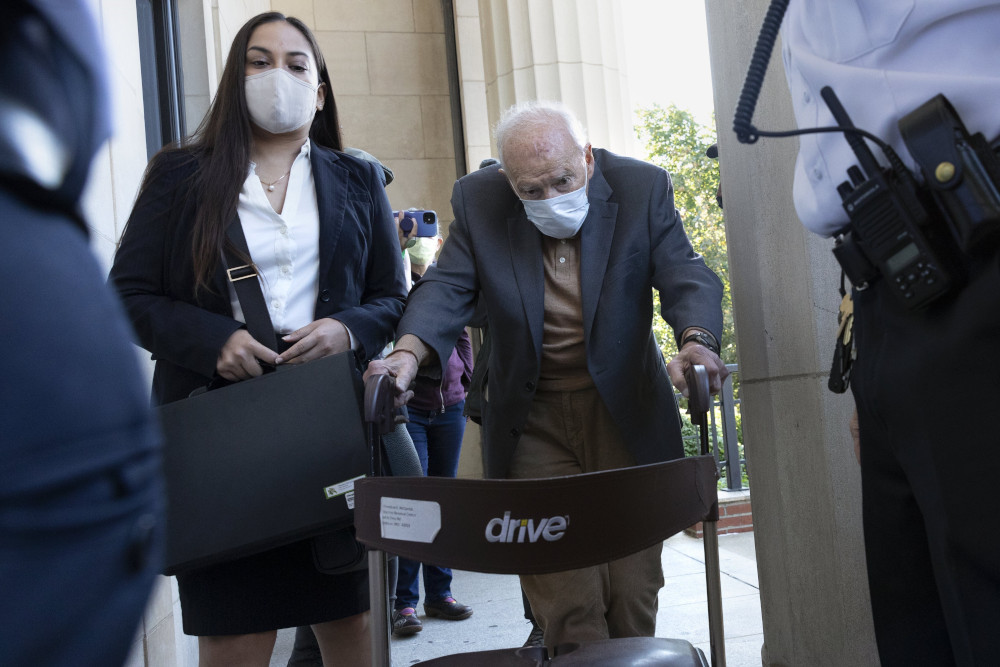 Former Cardinal Theodore McCarrick arrives Sept. 3 at Dedham District Court in Dedham, Massachusetts. (AP Photo/Michael Dwyer)