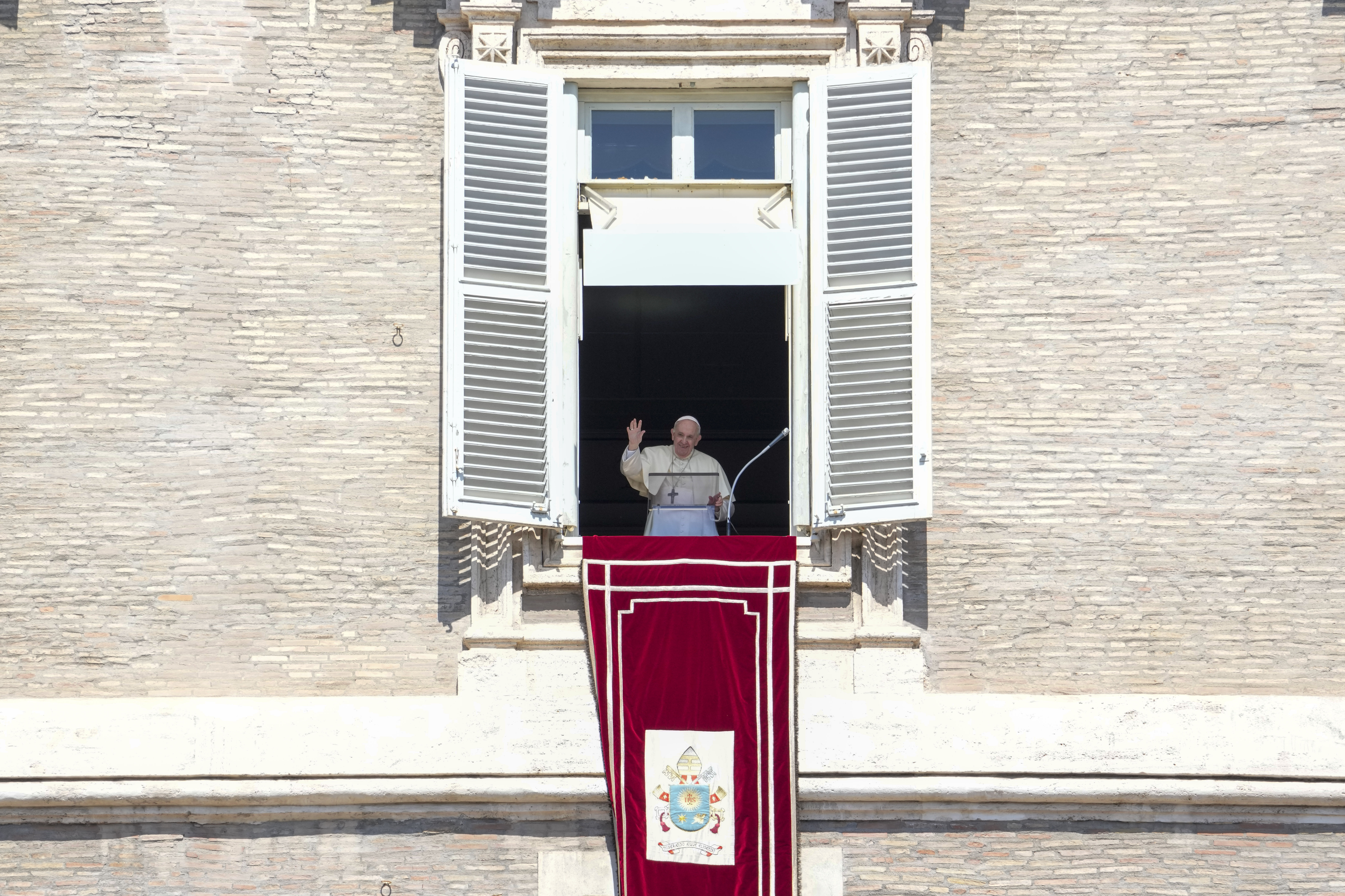 Pope Francis delivers his blessing as he recites the Angelus noon prayer from the window of his studio overlooking St.Peter's Square, at the Vatican, Sunday, Sept. 5, 2021. (AP Photo/Andrew Medichini) Pope Francis delivers his blessing as he recites the Angelus noon prayer from the window of his studio overlooking St.Peter's Square, at the Vatican, Sunday, Sept. 5, 2021. (AP Photo/Andrew Medichini)