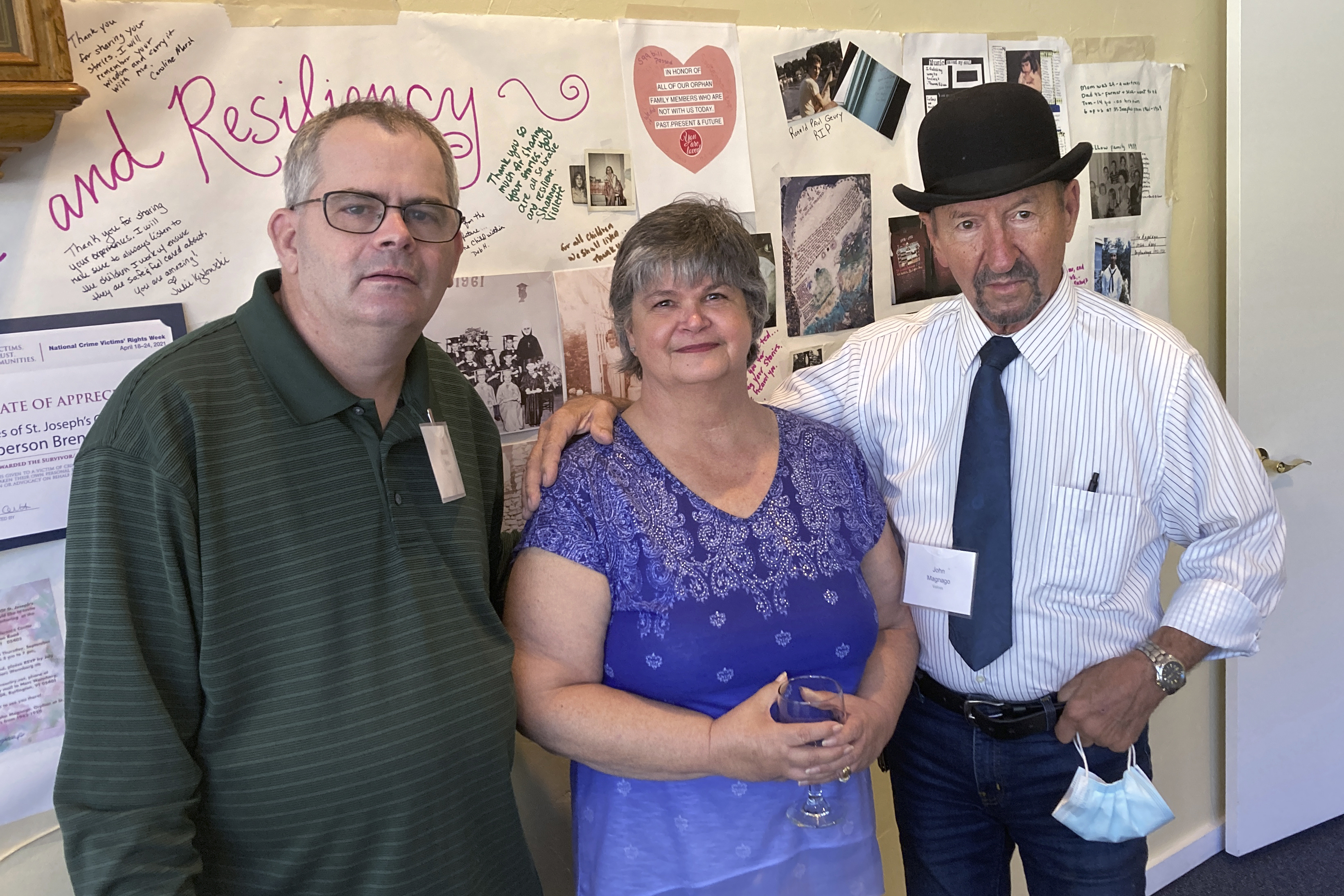 Michael Ryan, of Buckingham, Va., Brenda Hannon, of Williston, Vt. and John Magnago, of Miami, from left to right, pose in South Burlington, Vt., during a reunion of orphans from the St. Joseph's Orphanage in South Burlington, Vt., Thursday, Sept. 16, 202 Michael Ryan, of Buckingham, Va., Brenda Hannon, of Williston, Vt. and John Magnago, of Miami, from left to right, pose in South Burlington, Vt., during a reunion of orphans from the St. Joseph's Orphanage in South Burlington, Vt., Thursday, Sept. 16, 202