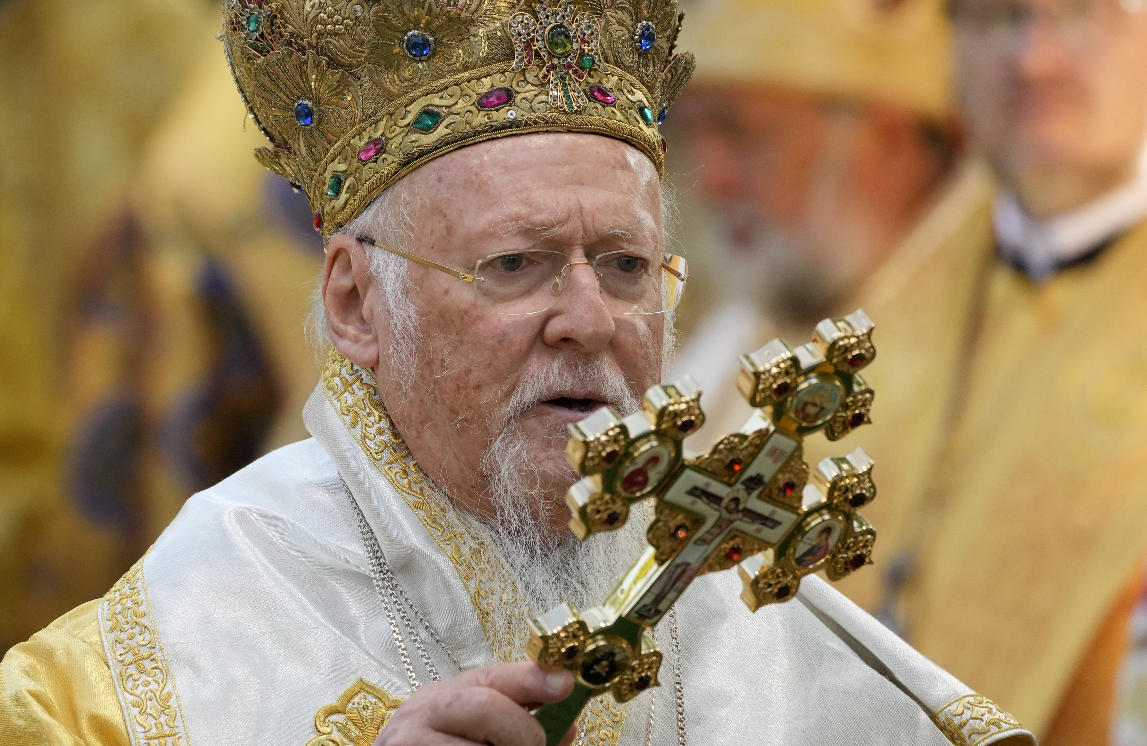 In this Sunday, Aug. 22, 2021 photo, Ecumenical Patriarch Bartholomew I, the spiritual leader of the world's Orthodox Christians, leads a Mass at the St. Sofia Cathedral in Kyiv, Ukraine. (AP Photo/Efrem Lukatsky)