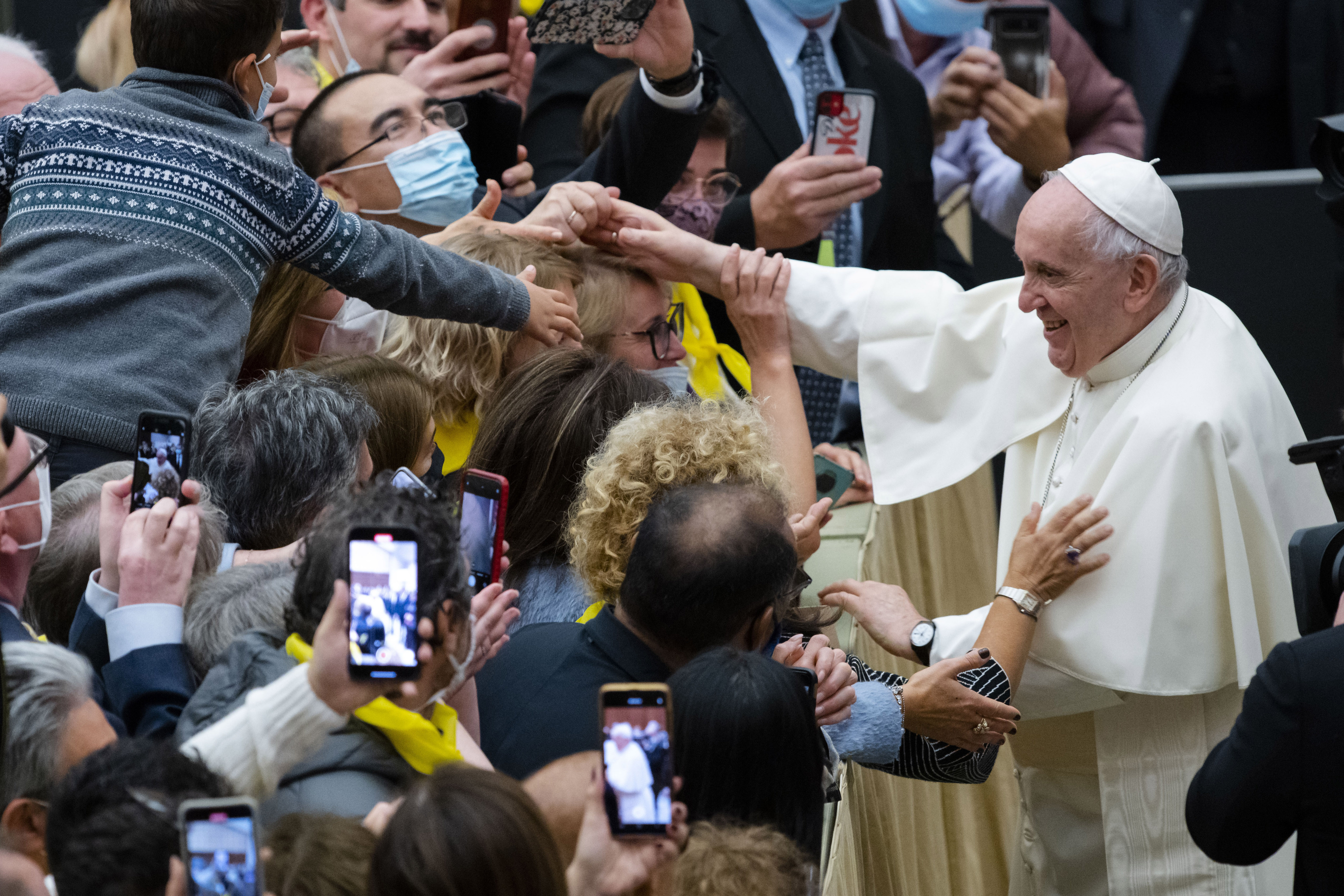 Pope Francis attends an audience in the Paul VI Hall at the Vatican, on Nov. 6, 2021. (AP Photo/Domenico Stinellis) Pope Francis attends an audience in the Paul VI Hall at the Vatican, on Nov. 6, 2021. (AP Photo/Domenico Stinellis)